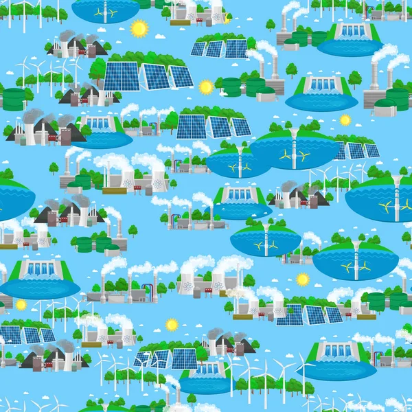 Seamless pattern renewable ecology energy, green city power alternative resources concept, environment save new technology, solar and wind electricity vector illustration background