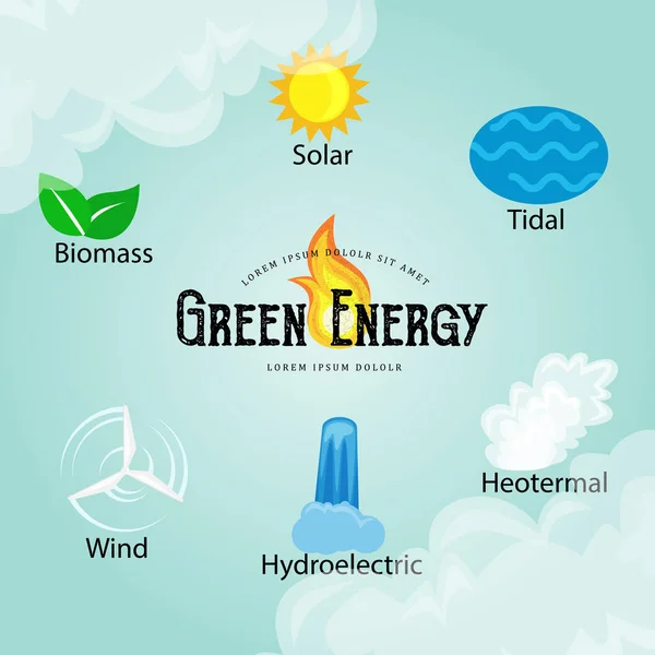 Förnybar ekologi energi ikoner, grön stad makt alternativa resurser koncept, miljö Spara ny teknik, sol och vind El vektor illustration — Stock vektor
