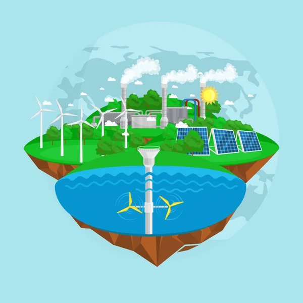 Écologie renouvelable icônes de l'énergie, concept de ressources alternatives d'énergie de ville verte, environnement sauver de nouvelles technologies, illustration vectorielle d'électricité solaire et éolienne — Image vectorielle