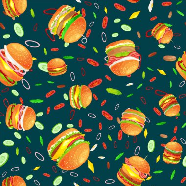 Dikişsiz desen lezzetli hamburger ızgara sığır eti ve taze sebze sos topuz için meze, Amerikan hamburger lokanta domates peynir vecor resimde arka plan ile giyinmiş