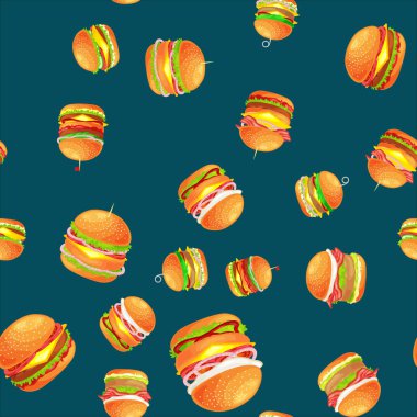 Dikişsiz desen lezzetli hamburger ızgara sığır eti ve taze sebze sos topuz için meze, Amerikan hamburger lokanta yemek menüsü barbekü et vecor resimde arka plan ile giyinmiş