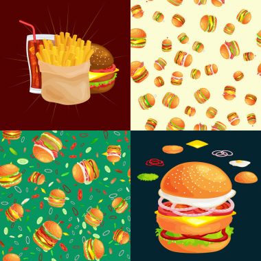 Izgara burger sığır eti ve taze sebze giyinmiş sos bun için meze, Amerikan hamburger fast food barbekü et yemek ekmek domates peynir, Hamburger vecor resimde arka plan ile