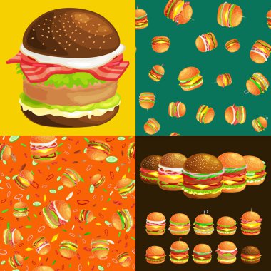 Izgara burger sığır eti ve taze sebze giyinmiş sos bun için meze, Amerikan hamburger fast food barbekü et yemek ekmek domates peynir, Hamburger vecor resimde arka plan ile