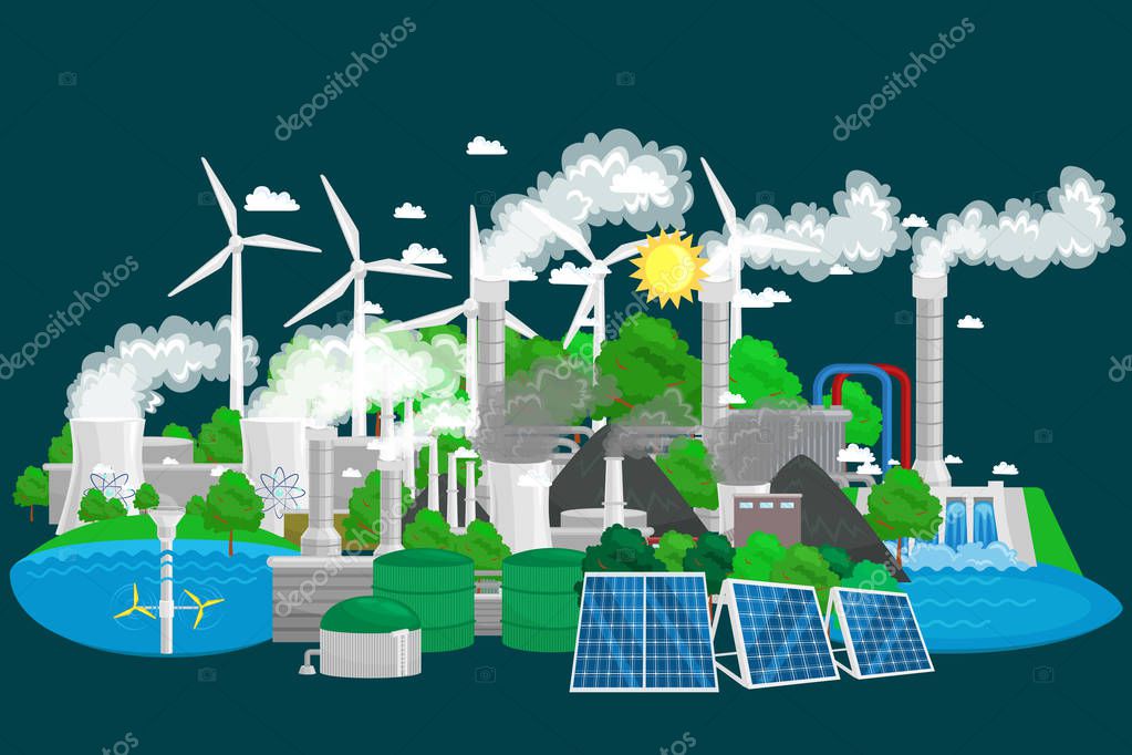 Renewable ecology energy icons, green city power alternative resources