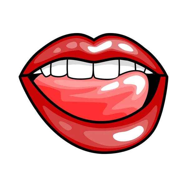Moda meninas lábios com batom vermelho em desenhos animados emblemas estilo arte pop patch, cool retro coleção adesivo vetor ilustração —  Vetores de Stock