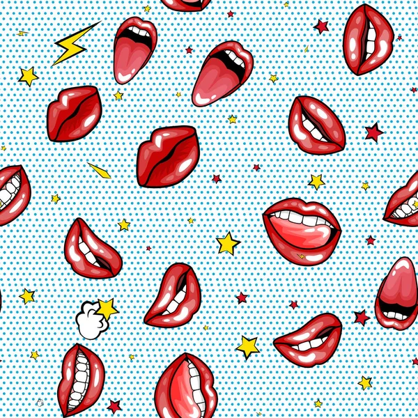 Seamless pattern cartoon comic super speech bubble labels with text, sexy open red lips with teeth, retro cartoon vector pop art illustration, halftone dot vintage effect background — Stock Vector