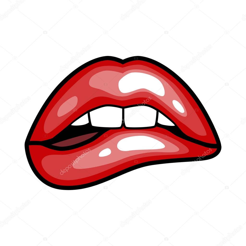 fashion girls lips with red lipstick in cartoon pop art style patch badges, cool retro collection sticker vector illustration