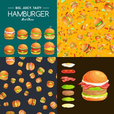 Izgara burger sığır eti ve taze sebze giyinmiş sos bun için meze, Amerikan hamburger fast food barbekü et yemek ekmek domates peynir, Hamburger vecor resimde arka plan ile