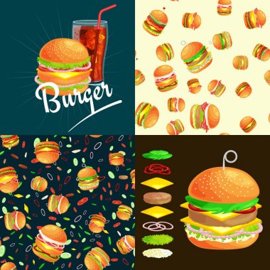 Izgara burger sığır eti ve taze sebze giyinmiş sos bun için meze, Amerikan hamburger fast food barbekü et yemek ekmek domates peynir, Hamburger vecor resimde arka plan ile