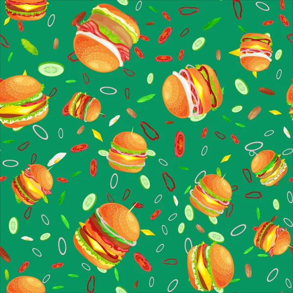 Безшовний візерунок смачна яловичина на грилі та свіжі овочі, одягнені з соусною булочкою для закуски, американський гамбургер швидкого харчування томатний сир Векторні ілюстрації фону — стоковий вектор