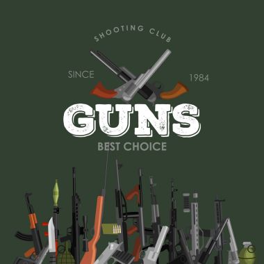 askeri silah ayarla, otomatik ve el silah mermi koruma shoting veya savaş toplama için av ekipmanları, mühimmat arka plan vektör çizim için tabanca ile dergi varil içinde