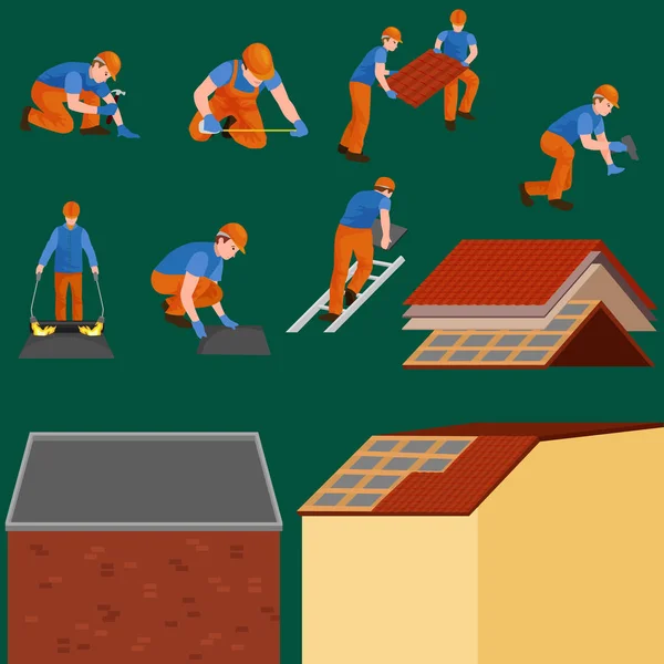 Tető építőipari munkás javítás otthon, épít szerkezet rögzítése tetőtéri csempe ház labor felszerelés, tetőfedő férfiak kezében munkaeszközök szabadban felújítása lakossági vektoros illusztráció — Stock Vector