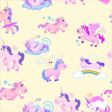 şirin tek boynuzlu at seamless modeli, kanatla uçan pegasus magic ve boynuz gökkuşağı, fantezi at vektör çizim, arka plan rüya efsane yaratık.