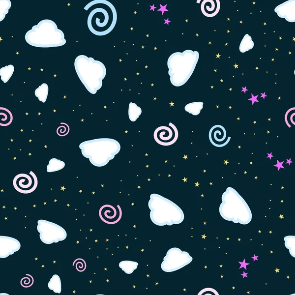 cartooned seamless pattern with stars and clouds, vector illustration background