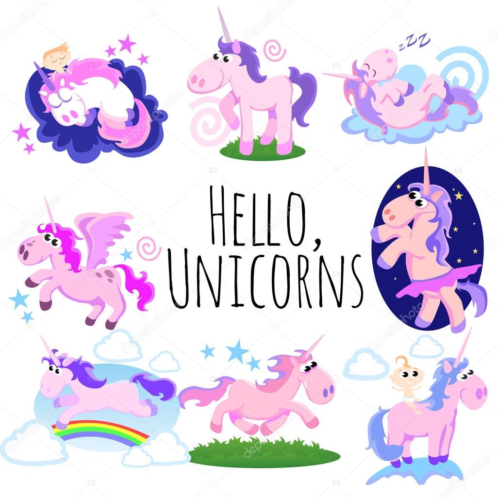 cute unicorn isolated set, magic pegasus flying with wing and horn on rainbow, fantasy horse vector illustration, myth creature dreaming on white background, greeting card template