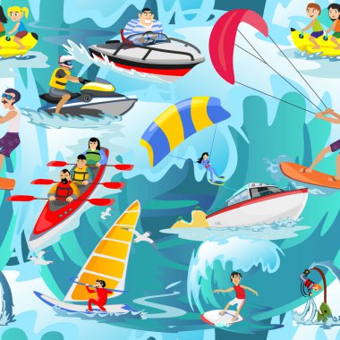Doğa sporları Dikişsiz desen su, tasarım öğeleri için yaz tatil etkinlik Tekstil, karikatür dalga sörf, deniz plaj vektör çizim, aktif yaşam tarzı macera