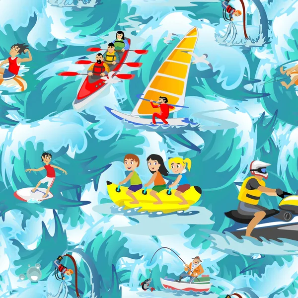 Water extreme sports seamless patterns, design elements for summer vacation activity textile, cartoon wave surfing, sea beach vector illustration, active lifestyle adventure — Stock Vector