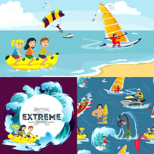 Set van water extreme sporten achtergronden, geïsoleerde designelementen voor de zomer vakantie activiteit leuk concept, cartoon golf surfen, zee strand vectorillustratie, actieve levensstijl avontuur — Stockvector