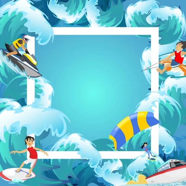 Ensemble d'arrière-plans de sports extrêmes aquatiques, éléments de conception isolés pour les vacances d'été concept amusant d'activité, surf de vague de dessin animé, illustration vectorielle de plage de mer, aventure de style de vie actif — Image vectorielle