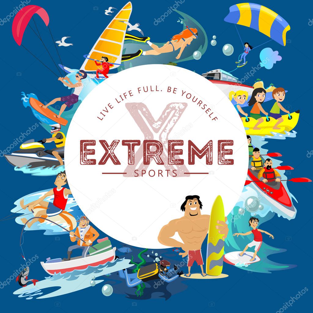 Set of water extreme sports icons, isolated design elements for summer vacation activity fun concept, cartoon wave surfing, sea beach vector illustration, active lifestyle adventure