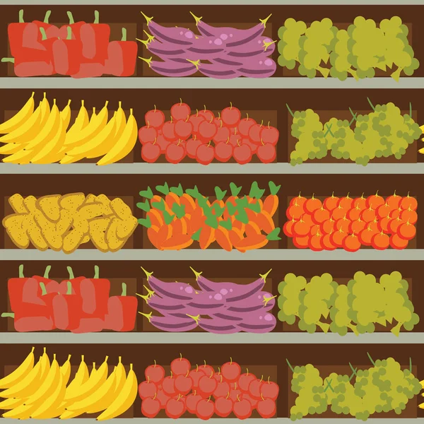 Estante de frutas y verduras con alimentos frescos y saludables en el supermercado, gran variedad de productos orgánicos venta en el interior de la tienda de alimentos, ilustración vector tienda — Archivo Imágenes Vectoriales