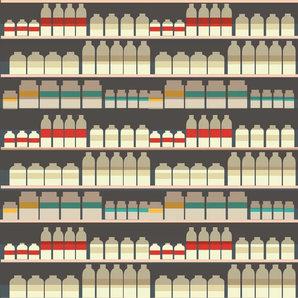 Nahtloses Muster der Molkereiabteilung, Milchregal mit frischen gesunden Lebensmitteln im Supermarkt, große Auswahl an Bioprodukten im Lebensmittelladen, Joghurt-Hintergrund-Vektorillustration. — Stockvektor