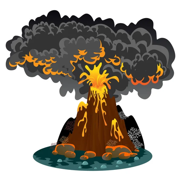 Un conjunto de volcanes de diversos grados de erupción, un vulcano peligroso dormido o que despierta, saludo de las cenizas de magma y humo vuelan desde el volcán, lava que fluye por el vector de montaña ilustración — Archivo Imágenes Vectoriales