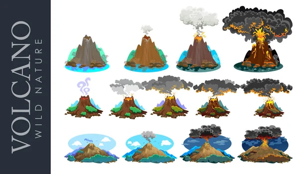 Eine Reihe von Vulkanen unterschiedlichen Ausbruchsgrades, ein schlafender oder erwachender gefährlicher Vulkan, Gruß aus Magmaasche und Rauch fliegen aus dem Vulkan, Lava fließt den Gebirgsvektor hinunter Illustration — Stockvektor