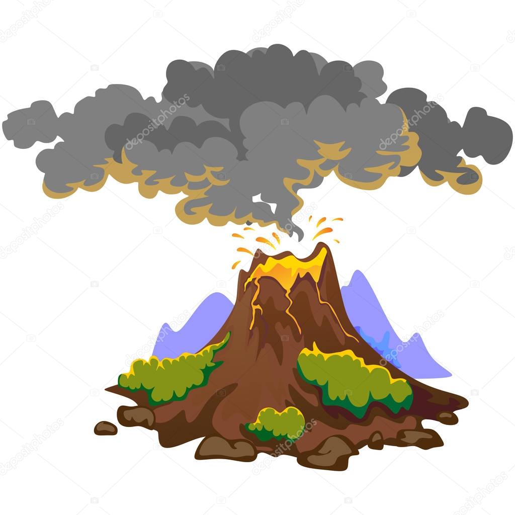 A set of volcanoes of varying degrees of eruption, a sleeping or awakening dangerous vulcan, salute from magma ashes and smoke fly out from volcano, lava flowing down the mountain vector illustration