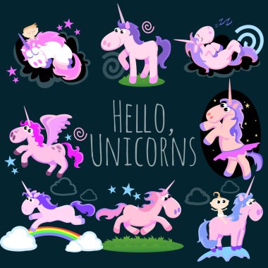 şirin tek boynuzlu at cabukşalterli, sihirli pegasus uçan kanat ve boynuz ile gökkuşağı, fantezi at vektör çizim, tebrik kartı şablonu, koyu arka plan üzerinde hayal efsane yaratık izole