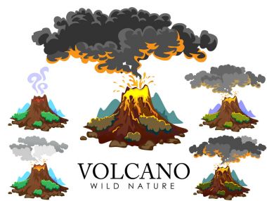 A set of volcanoes of varying degrees of eruption, a sleeping or awakening dangerous vulcan, salute from magma ashes and smoke fly out from volcano, lava flowing down the mountain vector illustration clipart