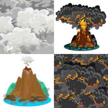 Patlama, bir uyku derecelerde veya tehlikeli Vulkan, Selam magmanın küller ve volkan, dağ vektör çizim akan lav dışarı duman sinek uyanış volkanlar kümesi