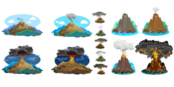 Un conjunto de volcanes de diversos grados de erupción, un vulcano peligroso dormido o que despierta, saludo de las cenizas de magma y humo vuelan desde el volcán, lava que fluye por el vector de montaña ilustración — Archivo Imágenes Vectoriales