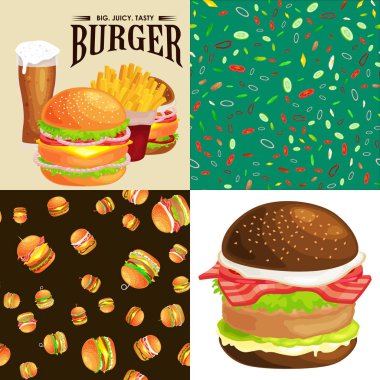 Izgara burger sığır eti ve taze sebze giyinmiş sos bun için meze, Amerikan hamburger fast food barbekü et yemek ekmek domates peynir, Hamburger vecor resimde arka plan ile