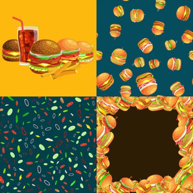 Izgara burger sığır eti ve taze sebze giyinmiş sos bun için meze, Amerikan hamburger fast food barbekü et yemek ekmek domates peynir, Hamburger vecor resimde arka plan ile