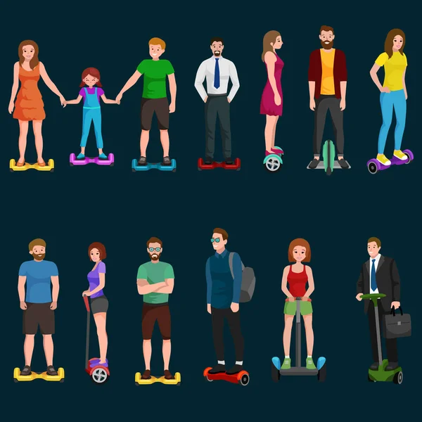 Povos ativos diversão com scooter elétrico, família no novo hoverboard tecnologia moderna, homem mulher e criança auto equilíbrio roda transporte giroscópio passeio rua vetor ilustrador —  Vetores de Stock