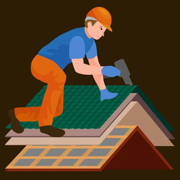 Reparasjon av bygningsarbeidere på tak, oppføring av taktekking av takfliser med arbeidsutstyr, takleggere med arbeidsredskaper i hender, utendørs renovasjon av bovektorillustrasjon – stockvektor