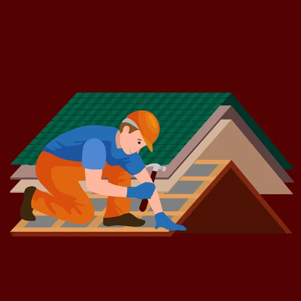Casa de reparação de trabalhador de construção de telhado, construir estrutura de fixação de telhado casa de azulejo com equipamento de trabalho, telhados homens com ferramentas de trabalho em mãos ao ar livre renovação residencial vetor ilustração — Vetor de Stock