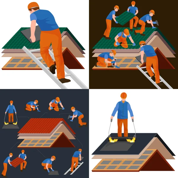Casa de reparação de trabalhador de construção de telhado, construir estrutura de fixação de telhado casa de azulejo com equipamento de trabalho, telhados homens com ferramentas de trabalho em mãos ao ar livre renovação residencial vetor ilustração —  Vetores de Stock