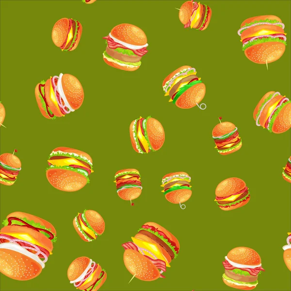 Бесшовный шаблон вкусный гамбургер жареная говядина и свежие овощи, одетые с булочкой соуса для закусок, американский гамбургер меню быстрого питания барбекю мясо векор иллюстрация фон — стоковый вектор