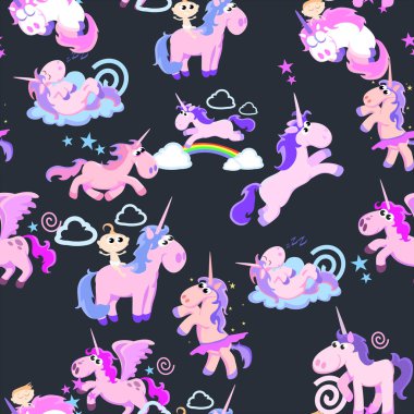 şirin tek boynuzlu at seamless modeli, kanatla uçan pegasus magic ve boynuz gökkuşağı, fantezi at vektör çizim, arka plan rüya efsane yaratık.