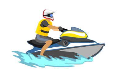 Jet ski su doğa sporları, tasarım öğesi yaz tatil etkinlik kavramı, karikatür dalga sörf, deniz plaj vektör çizim, aktif yaşam tarzı macera için izole