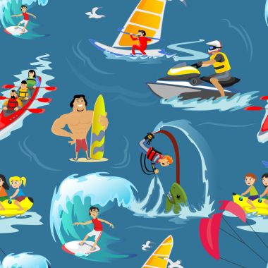 Doğa sporları Dikişsiz desen su, tasarım öğeleri için yaz tatil etkinlik Tekstil, karikatür dalga sörf, deniz plaj vektör çizim, aktif yaşam tarzı macera