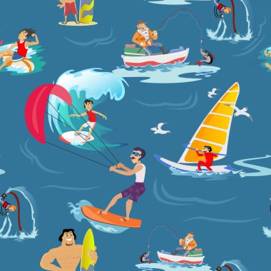 Doğa sporları Dikişsiz desen su, tasarım öğeleri için yaz tatil etkinlik Tekstil, karikatür dalga sörf, deniz plaj vektör çizim, aktif yaşam tarzı macera