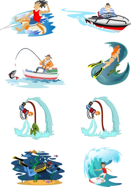 Conjunto de iconos de deportes extremos acuáticos, elementos de diseño aislados para la actividad de vacaciones de verano concepto de diversión, surf ola de dibujos animados, mar playa vector ilustración, aventura estilo de vida activo — Vector de stock