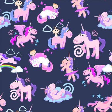 şirin tek boynuzlu at seamless modeli, kanatla uçan pegasus magic ve boynuz gökkuşağı, fantezi at vektör çizim, arka plan rüya efsane yaratık.