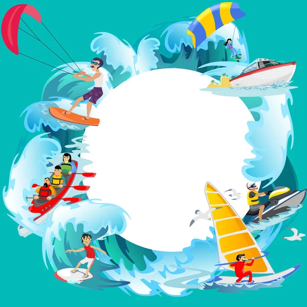 Conjunto de fondos de deportes extremos acuáticos, elementos de diseño aislados para la actividad de vacaciones de verano concepto de diversión, surf ola de dibujos animados, mar playa vector ilustración, aventura estilo de vida activo — Vector de stock