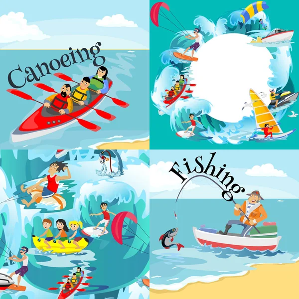 Conjunto de fondos de deportes extremos acuáticos, elementos de diseño aislados para la actividad de vacaciones de verano concepto de diversión, surf ola de dibujos animados, mar playa vector ilustración, aventura estilo de vida activo — Vector de stock