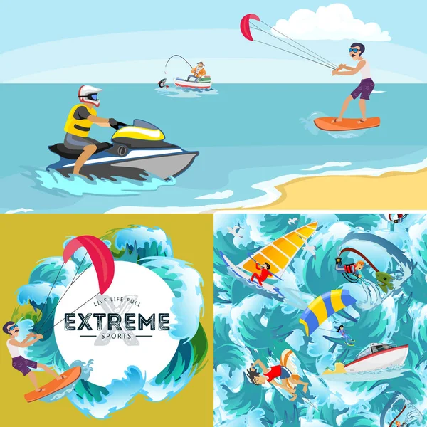 Conjunto de fondos de deportes extremos acuáticos, elementos de diseño aislados para la actividad de vacaciones de verano concepto de diversión, surf ola de dibujos animados, mar playa vector ilustración, aventura estilo de vida activo — Vector de stock