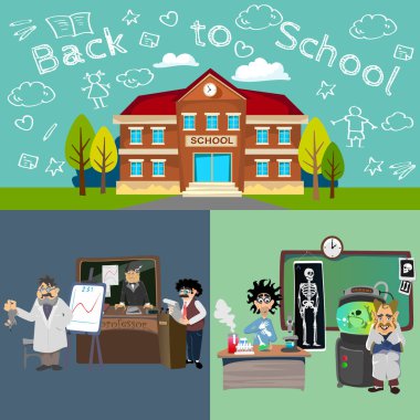 Geri okul seti pictographs, çocuk hayat gazete ve Kütüphane, erkek basketbol kızlar amigo takım, öğretmen, sınıf, Profesör ders üniversite, vektör çizim Bina öğrenciler ile